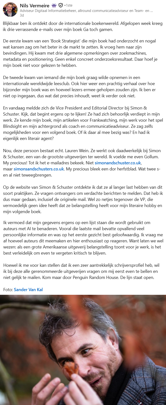 auteur Nils Vermeire ontvangt nep aanbiedingen